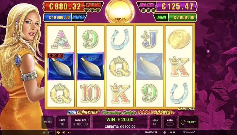 Cash Connection - Charming Lady's Boom Coins - base screen with line win
